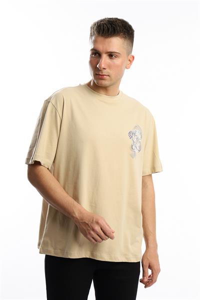 Erkek Oversize Fit Ön Arka Baskılı Basic Tişört Bej