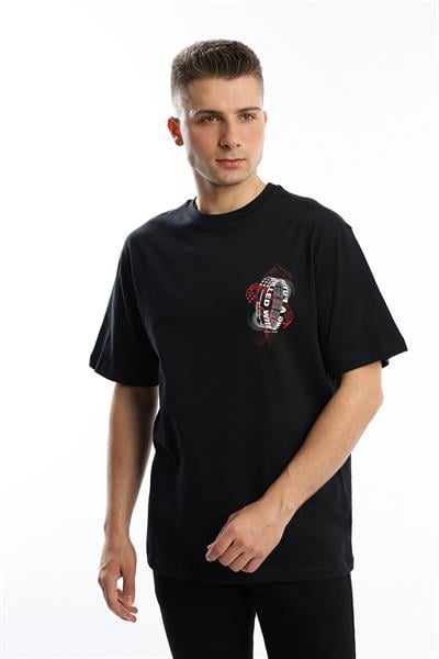 Erkek Oversize Fit Ön Arka Baskılı Basic Tişört Siyah