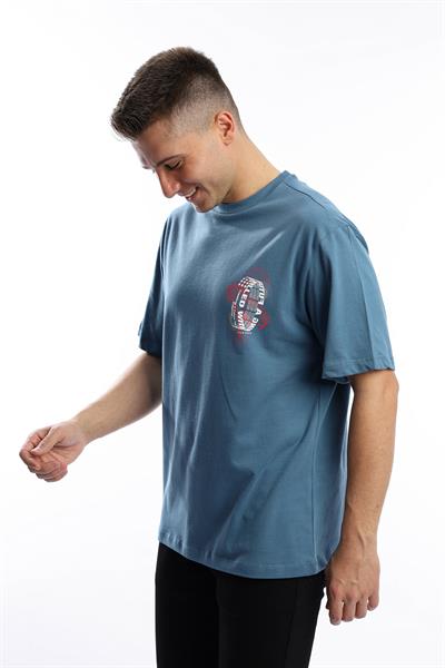 Erkek Oversize Fit Ön Arka Baskılı Basic Tişört İndigo