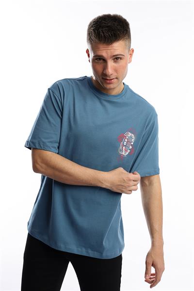 Erkek Oversize Fit Ön Arka Baskılı Basic Tişört İndigo