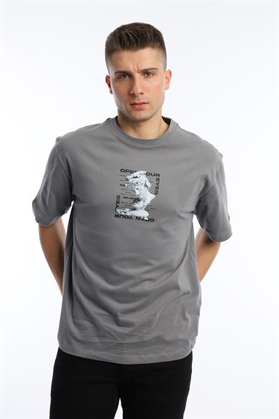 Erkek Oversize Fit Open Your Eyes Baskılı Tişört Gri