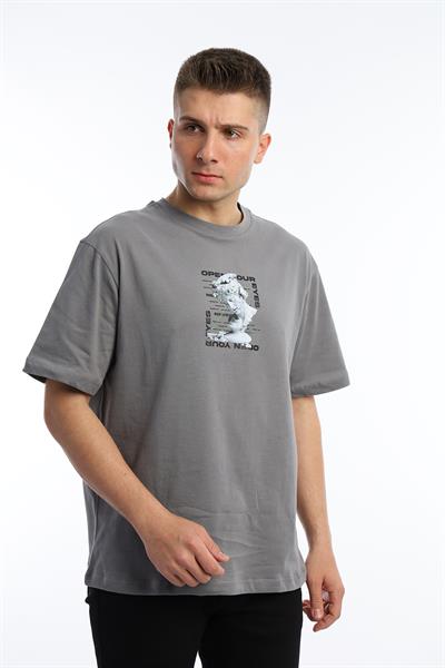 Erkek Oversize Fit Open Your Eyes Baskılı Tişört Gri