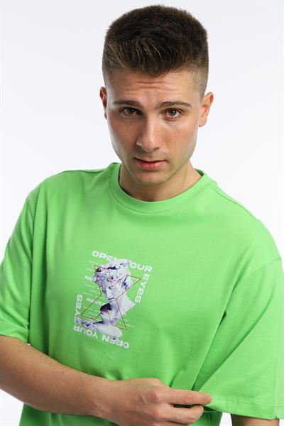 Erkek Oversize Fit Open Your Eyes Baskılı Tişört Yeşil