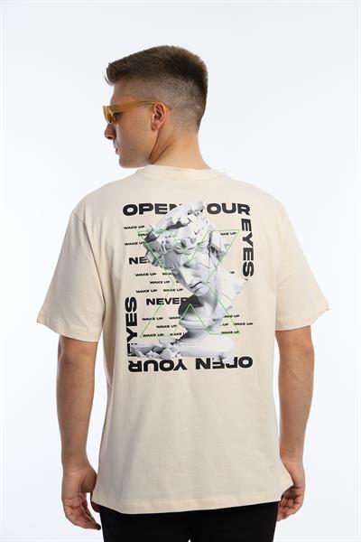 Erkek Oversize Fit Open Your Eyes Baskılı Tişört Ekru