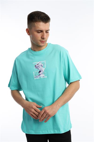 Erkek Oversize Fit Open Your Eyes Baskılı Tişört Turkuaz