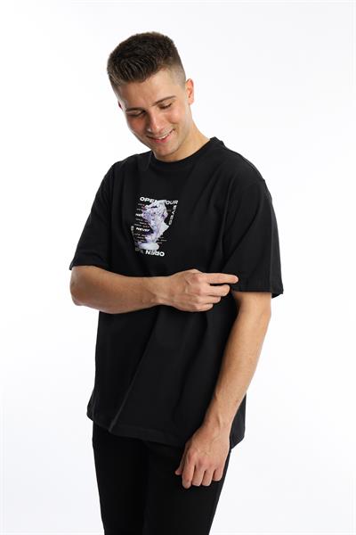 Erkek Oversize Fit Open Your Eyes Baskılı Tişört Siyah