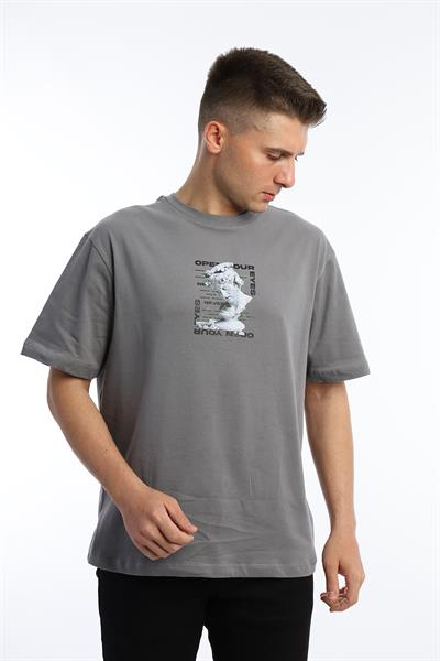 Erkek Oversize Fit Open Your Eyes Baskılı Tişört Gri