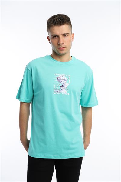 Erkek Oversize Fit Open Your Eyes Baskılı Tişört Turkuaz