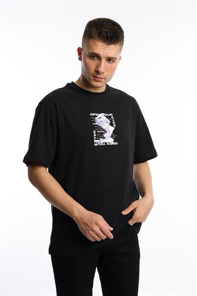Erkek Oversize Fit Open Your Eyes Baskılı Tişört Siyah