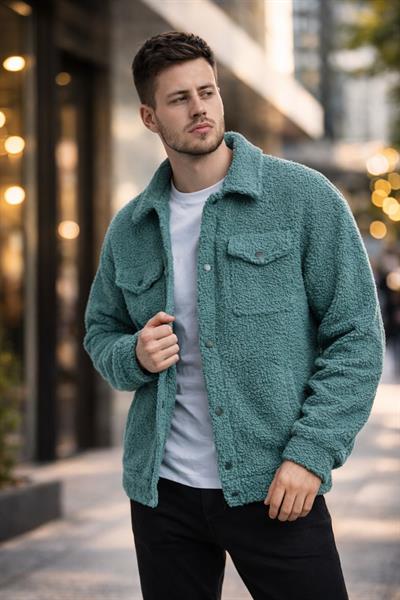 Erkek Oversize İçi Polarlı Peluş Sherpa Ceket Petrol