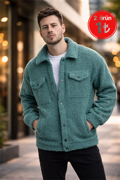 Erkek Oversize İçi Polarlı Peluş Sherpa Ceket Petrol