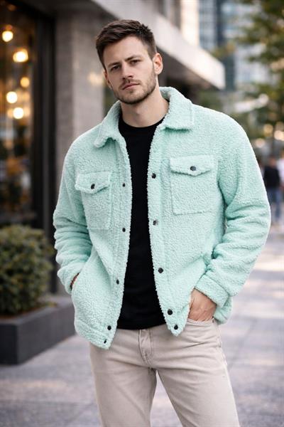 Erkek Oversize İçi Polarlı Peluş Sherpa Ceket Mint