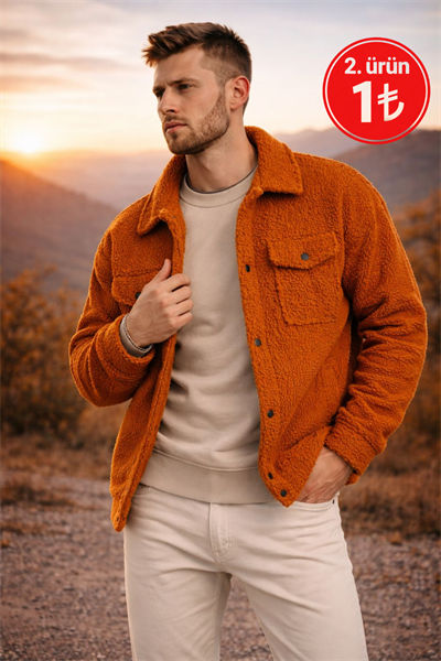 Erkek Oversize İçi Polarlı Peluş Sherpa Ceket Tarçın