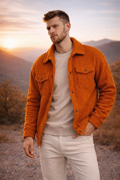 Erkek Oversize İçi Polarlı Peluş Sherpa Ceket Tarçın