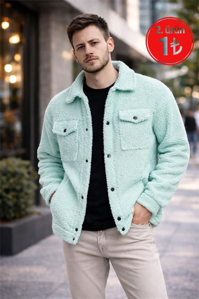 Erkek Oversize İçi Polarlı Peluş Sherpa Ceket Mint