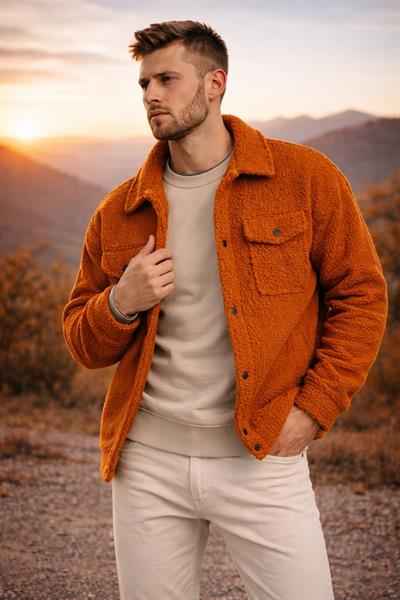 Erkek Oversize İçi Polarlı Peluş Sherpa Ceket Tarçın