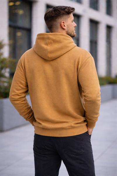 Erkek Oversize Kapüşonlu Kanguru Cepli 3 İplik İçi Polarlı Kahverengi Sweatshirt