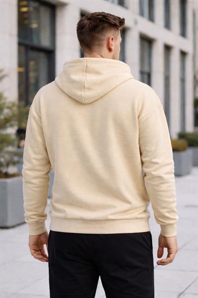 Erkek Oversize Kapüşonlu Kanguru Cepli 3 İplik İçi Polarlı Krem Sweatshirt