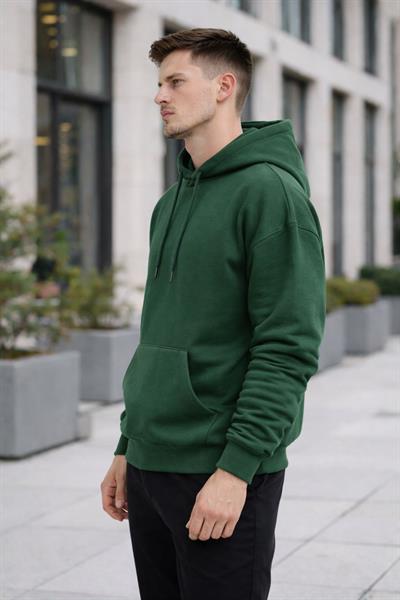 Erkek Oversize Kapüşonlu Kanguru Cepli 3 İplik İçi Polarlı Haki Sweatshirt