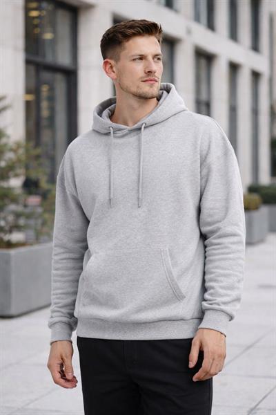 Erkek Oversize Kapüşonlu Kanguru Cepli 3 İplik İçi Polarlı Gri Sweatshirt