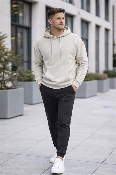Erkek Oversize Kapüşonlu Kanguru Cepli 3 İplik İçi Polarlı Kar Melanj Sweatshirt
