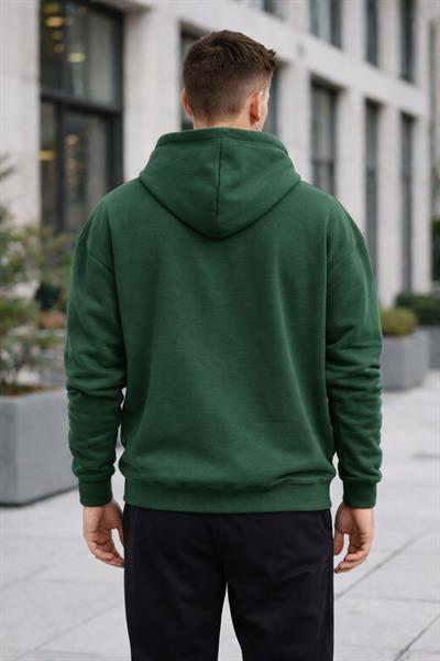 Erkek Oversize Kapüşonlu Kanguru Cepli 3 İplik İçi Polarlı Haki Sweatshirt