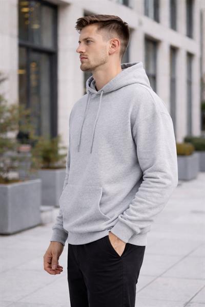 Erkek Oversize Kapüşonlu Kanguru Cepli 3 İplik İçi Polarlı Gri Sweatshirt