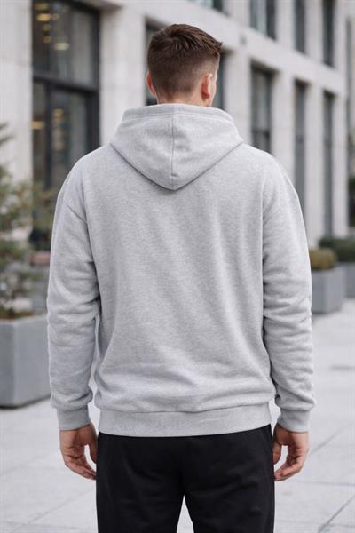 Erkek Oversize Kapüşonlu Kanguru Cepli 3 İplik İçi Polarlı Gri Sweatshirt