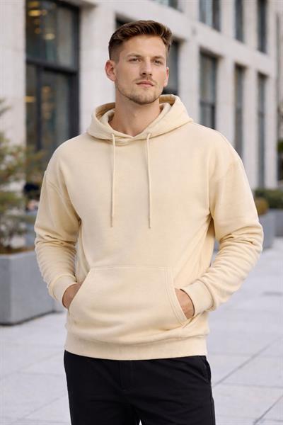 Erkek Oversize Kapüşonlu Kanguru Cepli 3 İplik İçi Polarlı Krem Sweatshirt