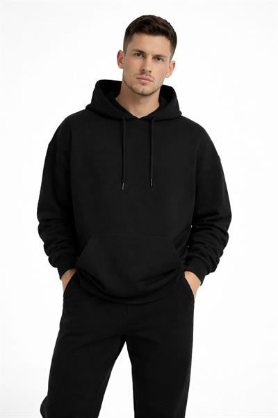 Erkek Oversize Kapüşonlu Kanguru Cepli 3 İplik İçi Polarlı Siyah Sweatshirt