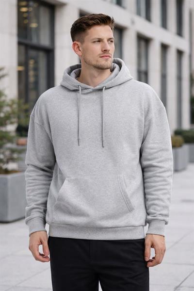 Erkek Oversize Kapüşonlu Kanguru Cepli 3 İplik İçi Polarlı Gri Sweatshirt