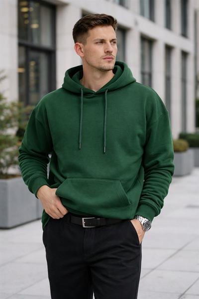 Erkek Oversize Kapüşonlu Kanguru Cepli 3 İplik İçi Polarlı Haki Sweatshirt