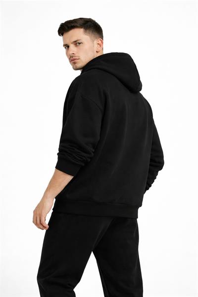 Erkek Oversize Kapüşonlu Kanguru Cepli 3 İplik İçi Polarlı Siyah Sweatshirt