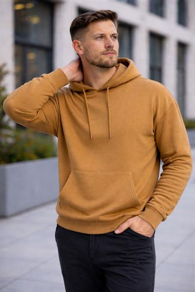 Erkek Oversize Kapüşonlu Kanguru Cepli 3 İplik İçi Polarlı Kahverengi Sweatshirt