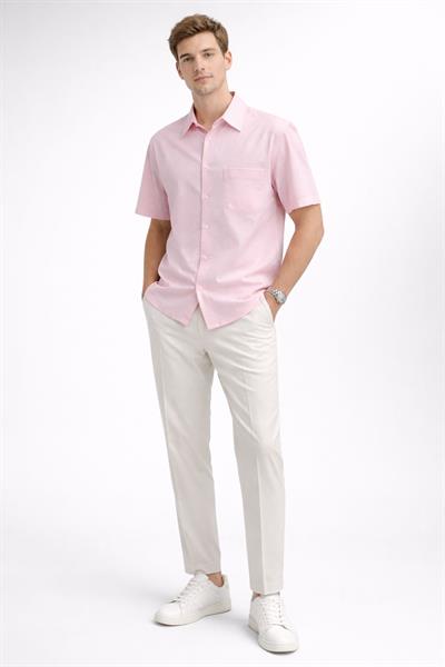 Erkek Pamuklu Açık Pembe Kısa Kollu Regular Fit Gömlek