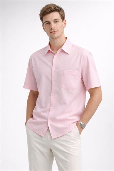 Erkek Pamuklu Açık Pembe Kısa Kollu Regular Fit Gömlek