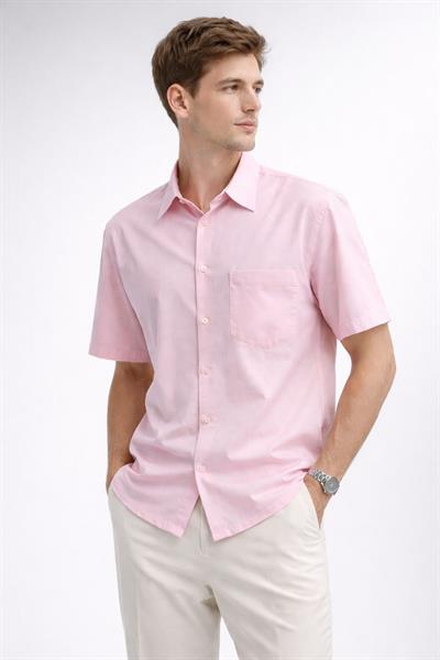 Erkek Pamuklu Açık Pembe Kısa Kollu Regular Fit Gömlek