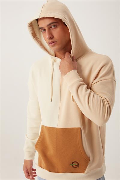 Erkek Parçalı 3 İplik Sweatshirt Ekru