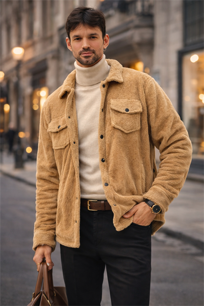 Erkek Peluş Yumuşak Dokulu Sherpa Ceket Camel