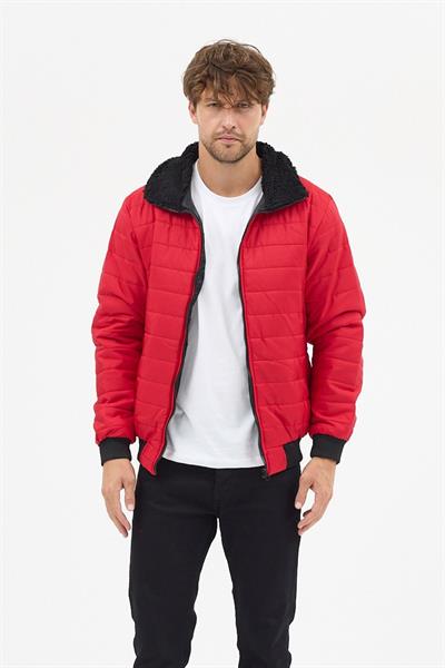 Erkek Polar Yaka Kapitone Astarlı Ceket Mont Kırmızı