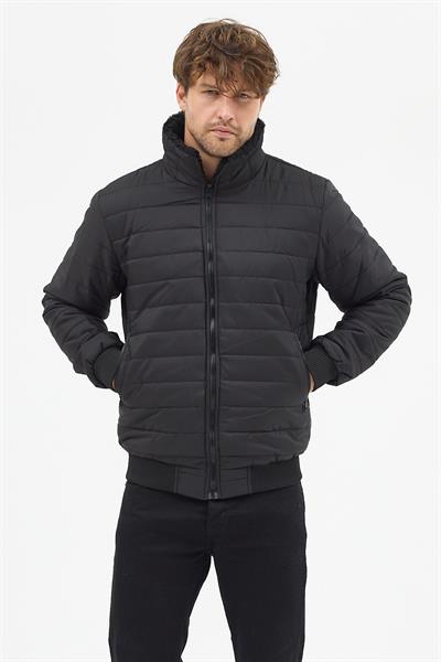 Erkek Polar Yaka Kapitone Astarlı Ceket Mont Siyah