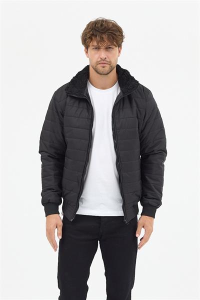 Erkek Polar Yaka Kapitone Astarlı Ceket Mont Siyah