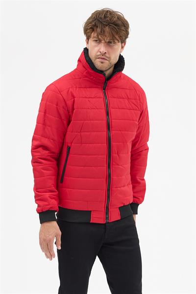 Erkek Polar Yaka Kapitone Astarlı Ceket Mont Kırmızı