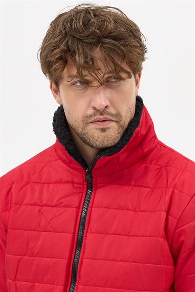 Erkek Polar Yaka Kapitone Astarlı Ceket Mont Kırmızı
