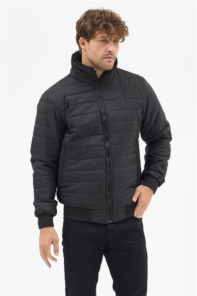 Erkek Polar Yaka Kapitone Astarlı Ceket Mont Siyah