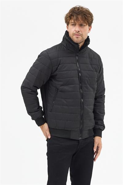 Erkek Polar Yaka Kapitone Astarlı Ceket Mont Siyah