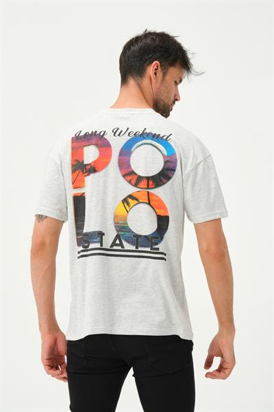 Erkek Polo Baskılı Oversize T-Shirt Kar Melanj
