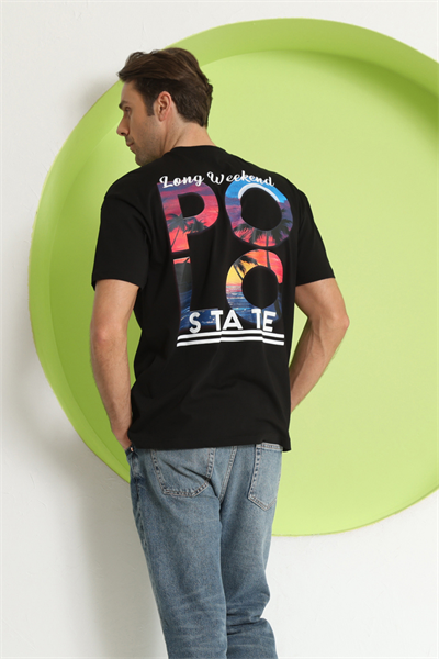 Erkek Polo Baskılı Oversize T-Shirt Siyah