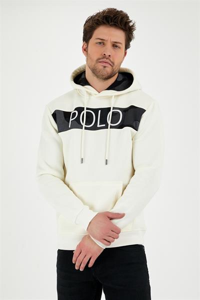 Erkek 3 İplik Pamuklu İçi Polarlı Regular Fit Nakışlı Kapüşonlu Kanguru Cepli Ekru Sweatshirt