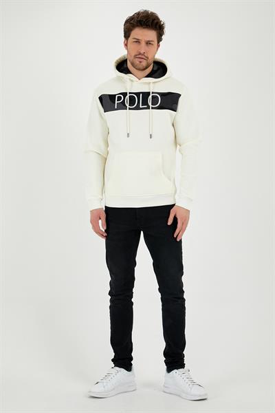 Erkek 3 İplik Pamuklu İçi Polarlı Regular Fit Nakışlı Kapüşonlu Kanguru Cepli Ekru Sweatshirt